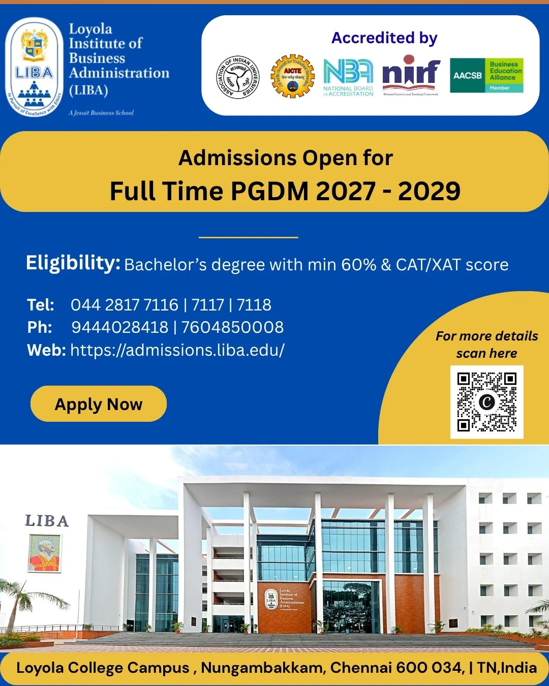 Loyola Institute of Business Administration (LIBA) Opens Admissions for Full-Time PGDM Program (F27) Batch
