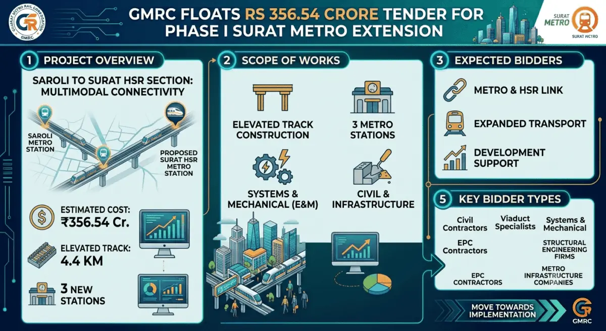 Surat Metro Phase I Expansion: GMRC Invites ₹356.54 Crore Bids for Key Saroli-HSR Extension